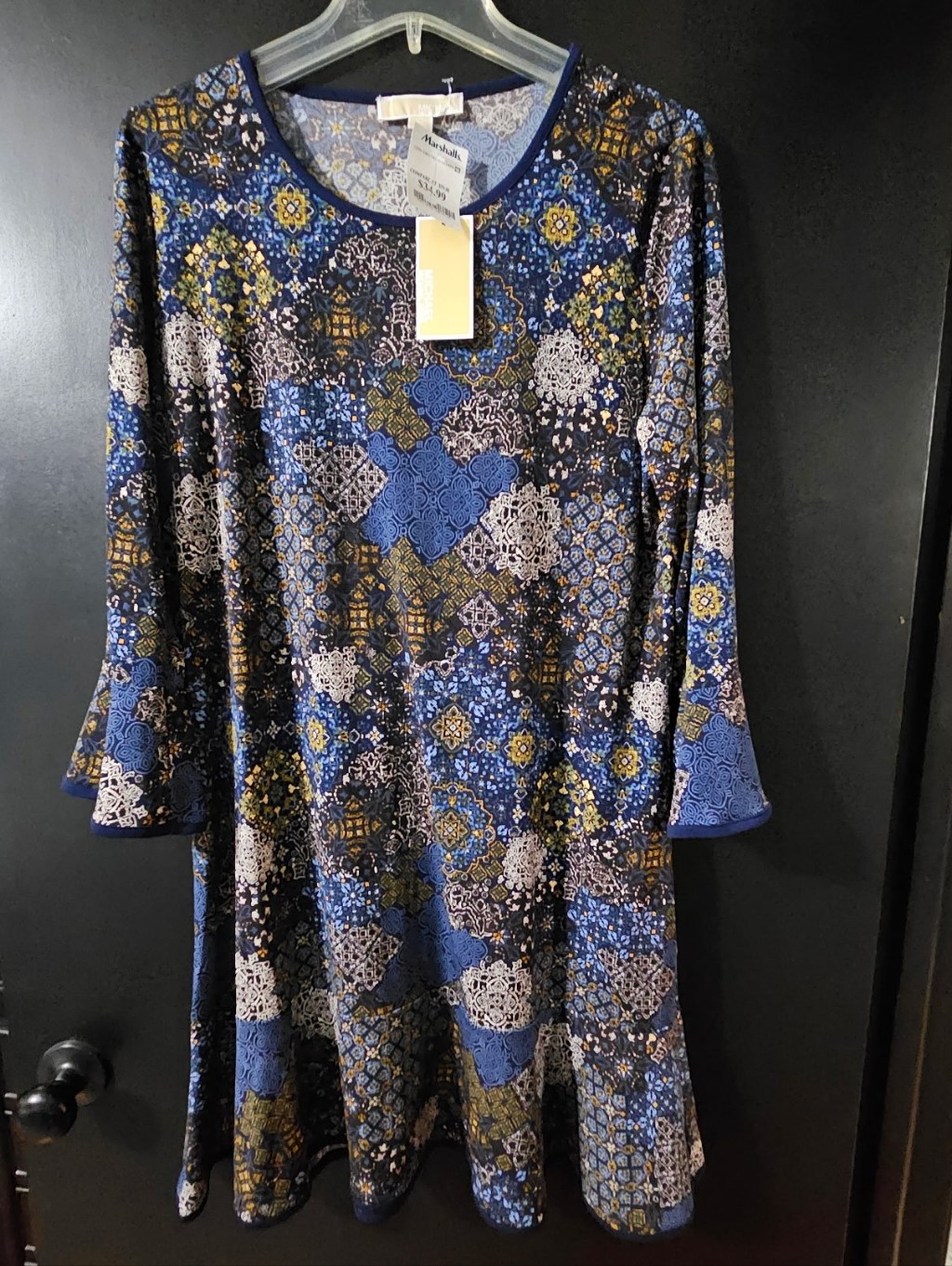 Michael Kors Blue Patterned Long Sleeve Dress